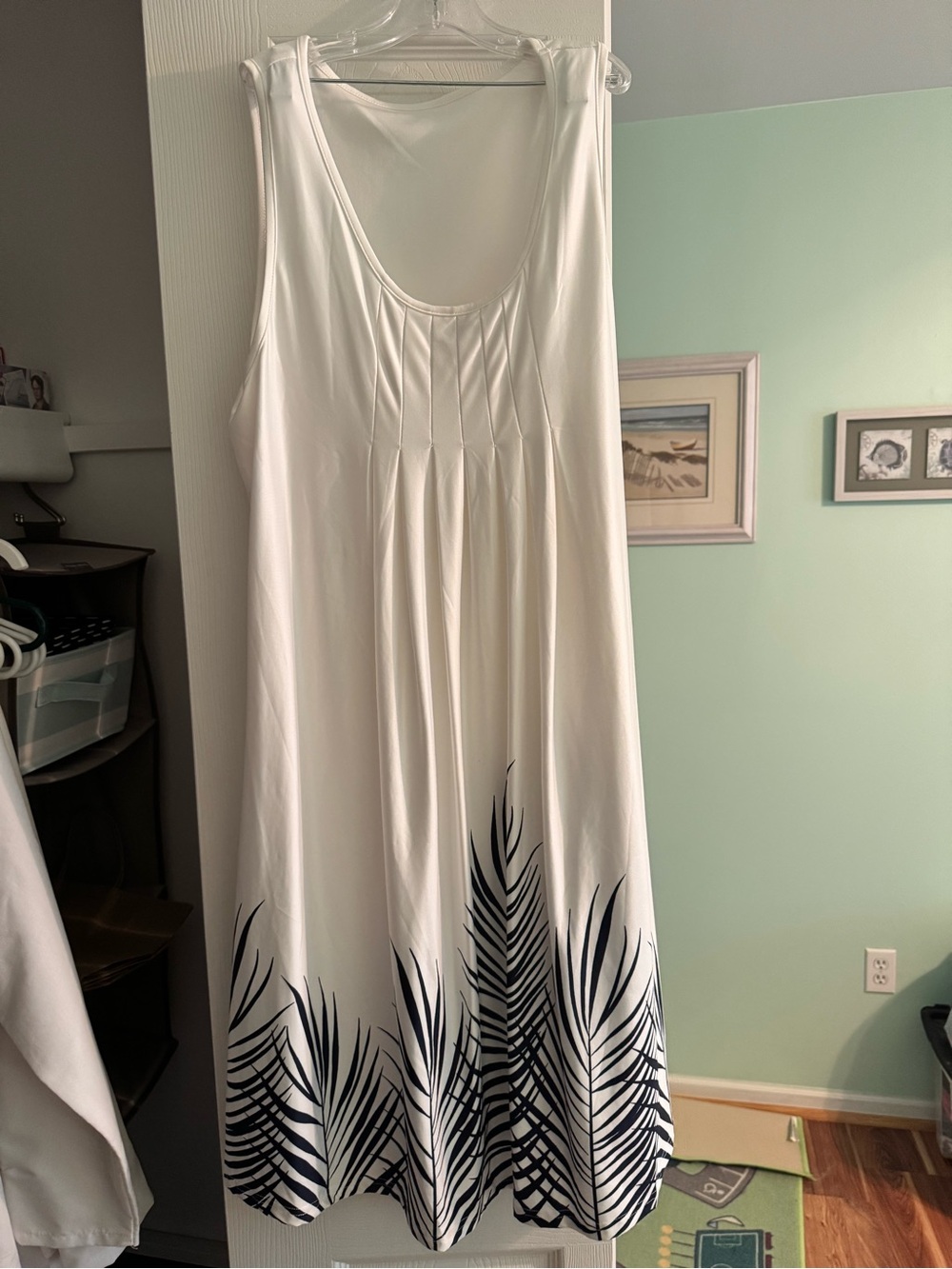 SHEIN White Maxi Dress with Navy Palm Hem Print